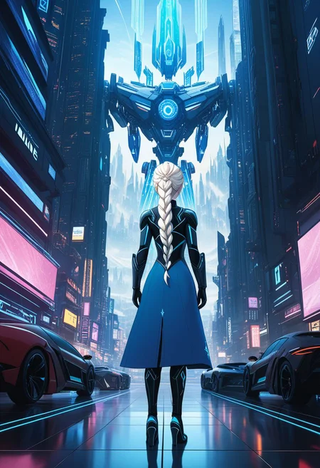 Duskfallcrew Art Style, (elsa from frozen:1.4), (studying futuristic object:1.3), (cybernetic robot full body shot of cinematic photo full body shot:1.3), cyberpunk, scifi, futuristic, soft lighting, intricate,, cityscape, , cyberpunk, soft lighting, best illustration, cinematic angle, cinematic lighting, masterpiece, official art,