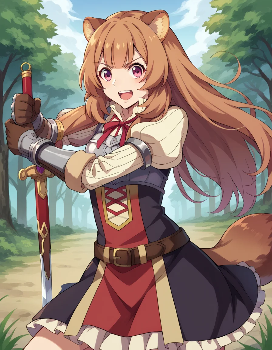 score_9, score_8_up, score_7_up, source_anime,
raphtalia, <lora:raphtalia-ponyxl-lora-nochekaiser:1>,
raphtalia, long hair, bangs, brown hair, animal ears, raccoon ears, raccoon tail, raccoon girl, pink eyes, smile,
long sleeves, sweater, ribbed sweater, puffy sleeves, breastplate, ribbon, red ribbon, gauntlets, glove, brown gloves, belt, skirt, armor,
outdoors, forest, nature, sword, weapon, holding weapon, fighting stance, shouting,
looking at viewer, cowboy shot, dutch angle, dynamic pose,