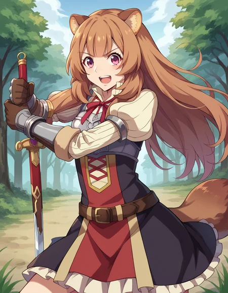 score_9, score_8_up, score_7_up, source_anime,
raphtalia, <lora:raphtalia-ponyxl-lora-nochekaiser:1>,
raphtalia, long hair, bangs, brown hair, animal ears, raccoon ears, raccoon tail, raccoon girl, pink eyes, smile,
long sleeves, sweater, ribbed sweater, puffy sleeves, breastplate, ribbon, red ribbon, gauntlets, glove, brown gloves, belt, skirt, armor,
outdoors, forest, nature, sword, weapon, holding weapon, fighting stance, shouting,
looking at viewer, cowboy shot, dutch angle, dynamic pose,