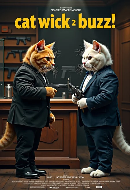 a realistic picture, a parody of jhon wick movies , ((cute muscular orange cat wearing black suit, the orange cat want to buy gun from white cat, orange cat buying gun for the mission, the gun seller are white white cat wearing dark blue suit,)) the white cat are gun seller, the white cat standing behind a glass counter full of pistol in display, , behind him are a rack display of many assault rifles and shotguns, dim light, the backdrop of the castle ,(intricate details,naturalism,hyperdetailed,hyperrealistic:1.55) mvpstrCE style ((((Display the text "cat-wick 2 buzz!" on a movie poster)))). no human
