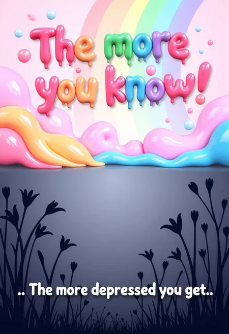 A gradient image with bright vibrant colors on the top and dark monochrome colors on the bottom. The top of the image has rainbows and sparkles. The bottom of the image has dead flowers.
The top has 3d pastel text "The more you know!" on a rainbow background in hud_bblesf0nt with bubbles popping.
The bottom has hud_dr1ppy words "...The more depressed you get..." in a bleak monotone dripping paint font style.