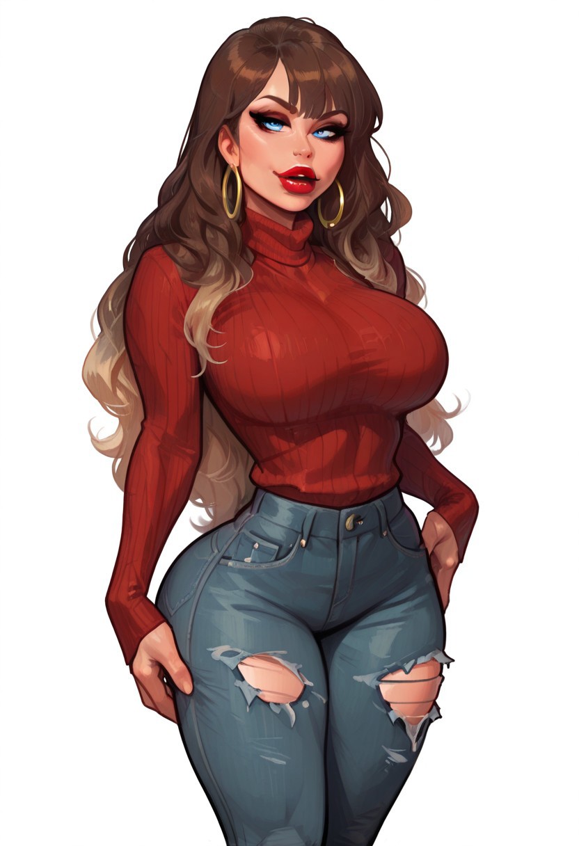 Seductive beauty, masterpiece,best quality,amazing quality,<lora:thepit_illustrious_goofy:1>,solo,  blonde hair, blue eyes, female, female only, long hair, ribbed sweater, curly hair, very long hair, brown hair, red lips, makeup, thick thighs,white background, red sweater, hoop earrings, jewelry,denim, pants, torn pants,