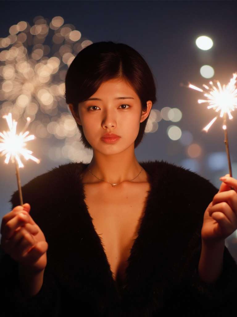 There are wonderful studio lights and various reflections,
18yo beautiful cute girl with blushing and female orgasm.skin naturally showing the texture of blood vessels and detailed pale skin,
--,
<lora:Yamaguchi_Momoe_f1_rank2_bf16:1>,she is Yamaguchi Momoe,
--, In clear,Elle,a beautiful young woman in a black fur coat,holds a sparkler in each hand,cleavage and collarbone,it is night and behind her a beautiful firework display can be seen in the sky... aidmatextimprover,,