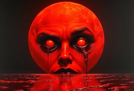 Frank Frazetta fantasy oil painting of a halftone dot, 2d illustration of a red moon with a humanoid face, dark eyes dripping blood into a red sea, ominous face, craters all over moon