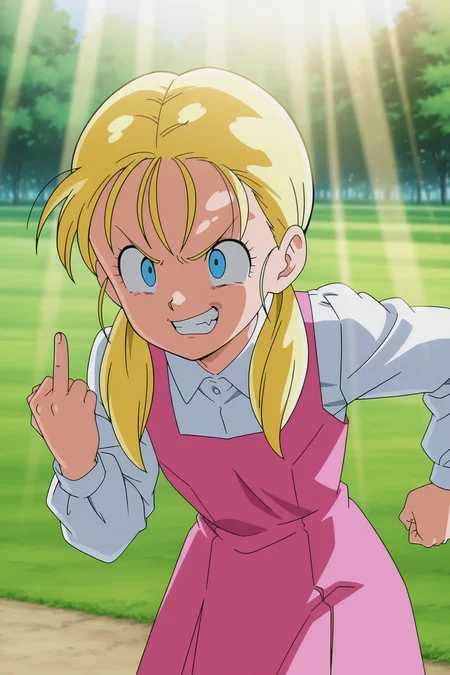 anime screencap, masterpiece, best quality, amazing quality, very aesthetic, absurdres, newest, (scenery, volumetric lighting),
official style,
marron, blue eyes, blonde hair, twintails,
collared shirt, white shirt, long sleeves, sleeveless pink dress,
middle finger, evil smile, v-shaped eyebrows, clenched teeth, field, depth of field,
dappled sunlight, light rays,
<lora:Marron_IL:0.8>