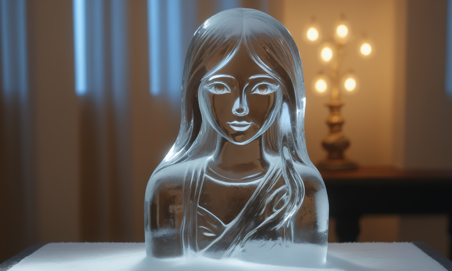 <lora:icecarvingcd_xl-000013:0.8>,close-up,a girl sculpture made of (icecarvingcd_xl,transparent:1.2,see-through:1.2,air bubble,cracked:1.3,broken:1.3,melting ice:1.3) standing on table,chilled,indoors,living room,simple background,no humans,fine art,detailed,hi-res photo, emotional,harmonious,high budget,moody,epic,gorgeous,perfect lighting,realistic,photorealistic,photographic,photo (medium),real,moody lighting,volumetric lighting,reality ray tracing,8K,HDR,UHD,masterpiece,best quality,highly detailed,high resolution,finely detail,extremely detailed,ultra detailed,wallpaper