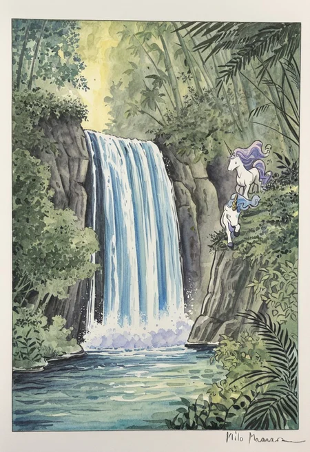 A black princess and her white unicorn, in the jungle river side and a waterfall,watercolors,watercolor technique,pen and ink line arts,watercolor french paper texture,watercolor brush strokes, milo manara watercolors art style,