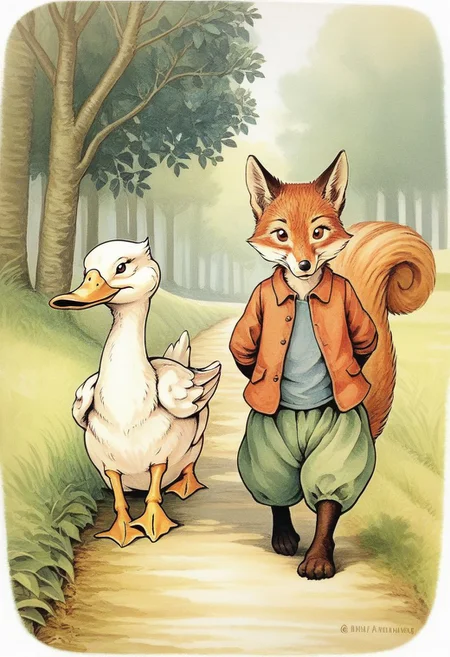 Score_9, drawing, in the style of Beatrix Potter, a fox walking aside a goose and aside a squirrel