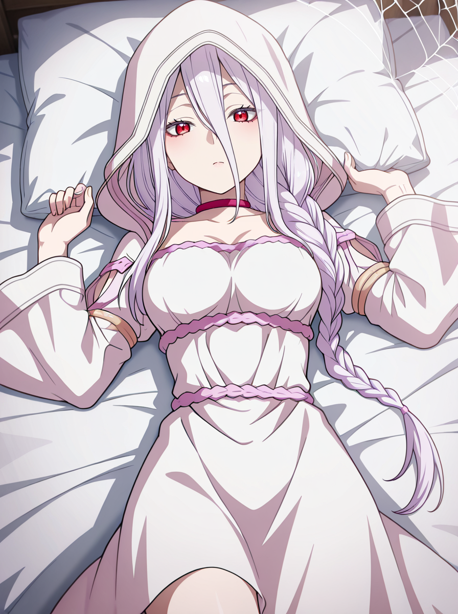 masterpiece, best quality, amazing quality, very aesthetic, absurdres, newest, ,  anime screenshot,   <lora:ShiraoriKumo:1>shiraoriillust, 1girl, long hair, solo, braid, choker, breasts, hood, dress, hair between eyes, single braid, red eyes, looking at viewer, white dress lying on bed spider web,