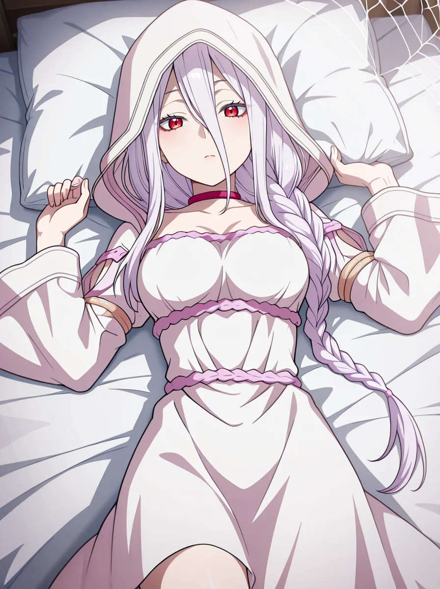 masterpiece, best quality, amazing quality, very aesthetic, absurdres, newest, , anime screenshot, <lora:ShiraoriKumo:1>shiraoriillust, 1girl, long hair, solo, braid, choker, breasts, hood, dress, hair between eyes, single braid, red eyes, looking at viewer, white dress lying on bed spider web,