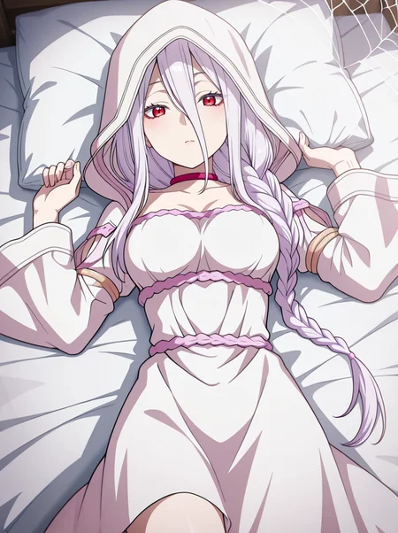 masterpiece, best quality, amazing quality, very aesthetic, absurdres, newest, , anime screenshot, <lora:ShiraoriKumo:1>shiraoriillust, 1girl, long hair, solo, braid, choker, breasts, hood, dress, hair between eyes, single braid, red eyes, looking at viewer, white dress lying on bed spider web,