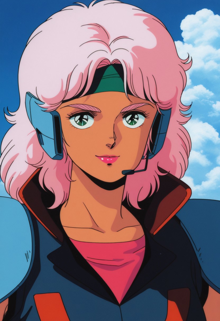 masterpiece, best quality, source_anime,official art,perfect_anatomy,1980s_\(style\),retro_artstyle,1girl,solo,lee sue min,1girl,green eyes,pink hair,headband,dark-skinned female,lipstick,sleeveless jacket,shoulder pads,headset,looking_at_viewer,smile,upper body,day,blue_sky,cloud