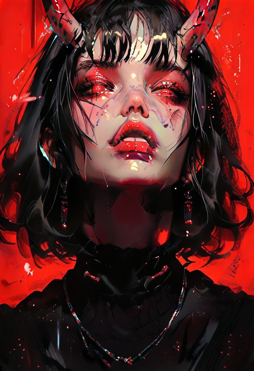 ((Rating_sfw)) , score_9, score_8_up, score_7_up, score_6_up, score_5_up, score_4_up,
best quality, highly detailed, intricate details, extremely detailed,
...
<lora:r3dgl0wXLP:0.7> r3dgl0w, eyes, ((vertical rectangular pupils)) , red background, 1girl, dark, oni horns 
...
(looking at viewer), thick lips, parted lips, screaming in agony,, sad expression, (full body),broken ,
...
abstract background,((night)) ,((old well))