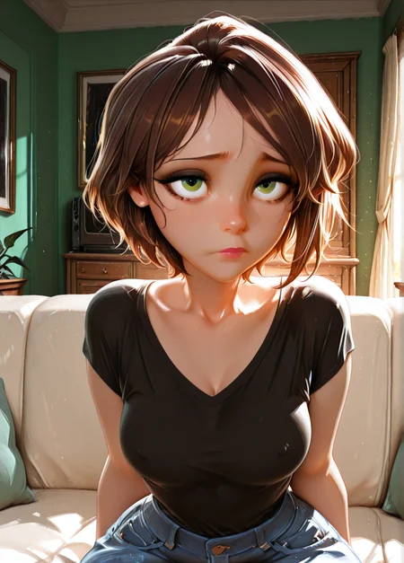 masterpiece, best quality, amazing quality, very aesthetic, absurdres, newest, detailed background, indoors, ( official style:1.2),
cassxd, 1girl, solo, short hair, brown hair, green eyes, looking at viewer, collarbone, lips, makeup,
black shirt, jewelry, denim pants,
medium breasts,sitting, couch, milf, curvy, large thights, wide hips,
despair,
<lora:Aunt_Cass_Hamada_-_Disney_Illustrious:1>, <lora:Expression_Detailer_Illustrious_Lora:0.75>
