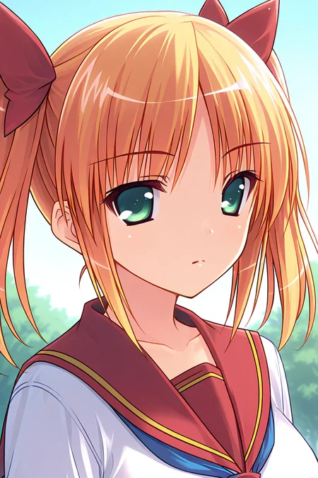 masterpiece, best quality, absurdres, official art, official style, rating general BREAK <lora:sakuraimomoka_IL_v1-1:0.7>, sakurai momoka, 1girl, solo, green eyes, blonde hair, short hair, short twintails, large breasts, hair bow, red bow, school uniform, serafuku, red sailor collar, blue necktie, white shirt, long sleeves, portrait, close-up, outdoors,
blush, :, closed mouth, expressionless, looking at viewer, serious