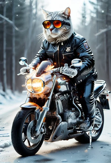 ((((("COOL" text logo)))) <lora:dvr-ftl:0.8>,
BREAK
1c3_w1n73r, f1r3, magicNpolished, shiny, polished, reflection, glowing, light
Anthro cat made of ice riding motorbike made of fire on winter icy road, snowy trees , wearing sunglasses, jacket, pants
