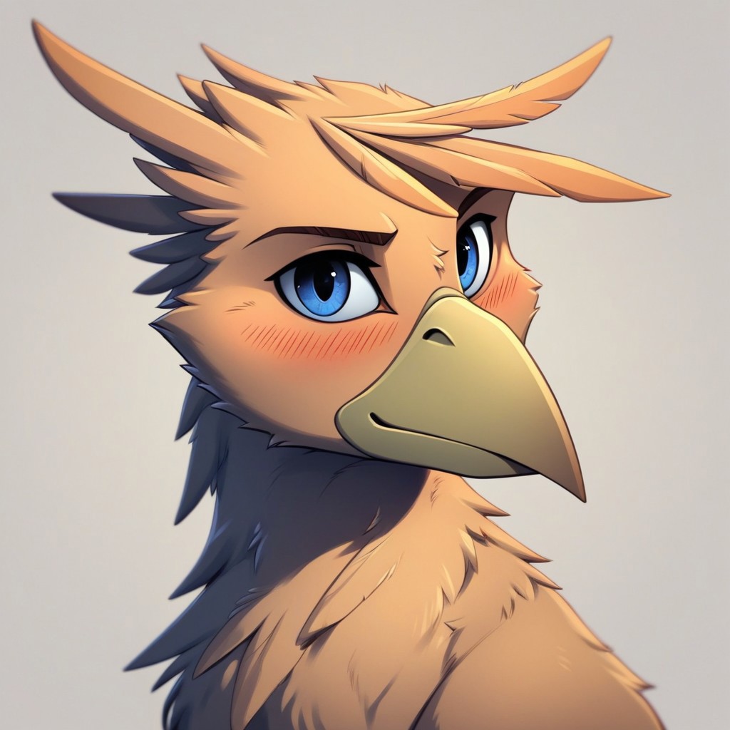 masterpiece, score_9_up, score_8_up, score_7_up, score_6_up, (best quality:1.1), ultra-detailed, high resolution, solo, Grover_VI, griffon, feral, avian, beak, male, eyebrows, blue eyes, feathers, feathery ears, blush, sly smirk, closed mouth, looking at viewer, naked, detailed facial features, portrait, sensual, upper body, expressiveh, simple background, highly visible, sharp focus, anatomically correct