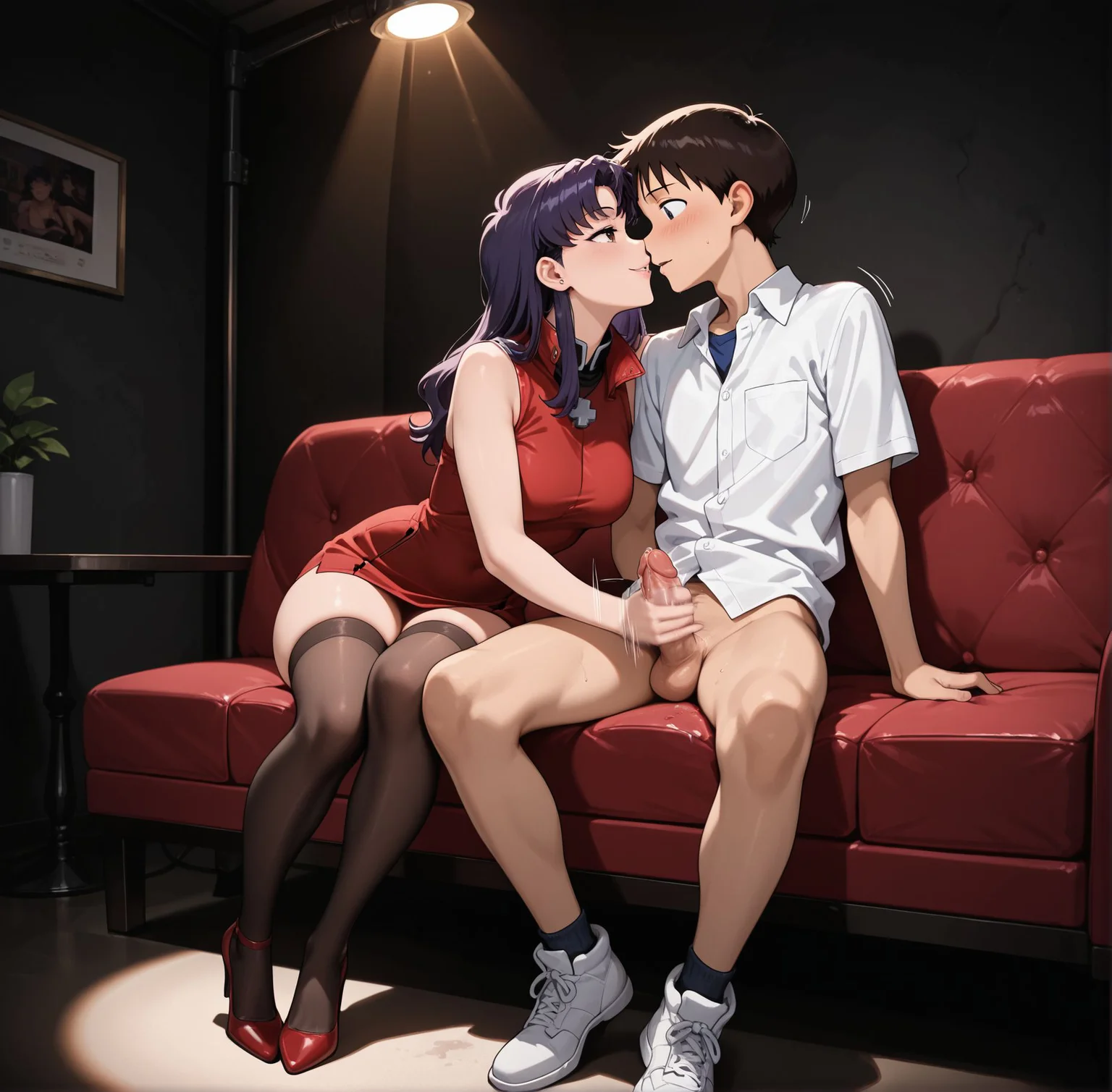 masterpiece,best quality,amazing quality,very aesthetic,absurdres,newest,huge filesize,
<lora:spo_sdxl_10ep_4k-data_lora_webui:0.5>,
<lora:add-detail-xl:1>uncensored,
<lora:Blowjob_Bar:0.6>Blowjob Bar,
penis,hetero,
1boy,1girl,
thighhighs, looking at another, imminent kiss,
handjob,sitting,sofa,cuddling handjob,
sexy dress, miniskirt, high heels,
motion lines, motion blur,
dark,spotlight, precum,
seductive smile,
katsuragi misato,
ikari shinji,