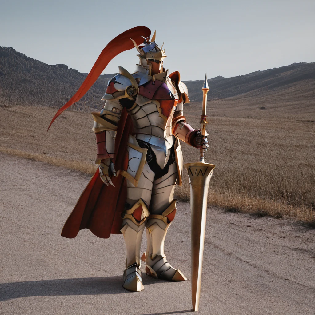 sfw, masterpiece, best quality,absurderes,photo,realistic,cinematic,source_photo,DLSR,full body,1boy,dukemon,holding lance,standing,outdoors, <lora:Reallustrious_Beta:1>