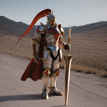 sfw, masterpiece, best quality,absurderes,photo,realistic,cinematic,source_photo,DLSR,full body,1boy,dukemon,holding lance,standing,outdoors, <lora:Reallustrious_Beta:1>