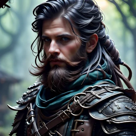 (masterpiece:1.2), (best quality,:1.2), 8k, HDR, ultra detailed, ((photorealistic)), perfect anatomy, professional light, cinematic lighting, ambient lighting, <lora:detail_slider_v4:1>, epic medieval fantasy, a (male) bandit, (beard), FaRo, <lora:FantasyRogues-10:1>, leather armor, belt, cloak, in a dark forest, FaFo, <lora:FantasyForest-10:0.5>,  <lora:zoom_slider_v1:1>, <lora:fantasyAI:0.6> tanjoreai, in the style of Tolkien, Middle Earth, epiCPhoto