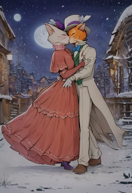 score_9, score_8_up, score_8, cute, in the style of beatrix potter, cel-shading, fca style, baroness louise, white fur, cat, female cat, anthro, baron humbert, ginger fur, cat, male, anthro, suit, tuxedo, blue bow-tie, blow-tie, white gloves, 1girl, furry, hat, 1boy, bowtie, dress, whiskers, hetero, bow, furry female, furry male, formal, gloves, traditional bowtie, top hat, smile, suit, animal ears, elbow gloves, red dress, walking, walking together, small town background, at night, moon, starry sky, snowy, snowing, nice landscape, (((kissing, kiss, hug, closed eyes)))