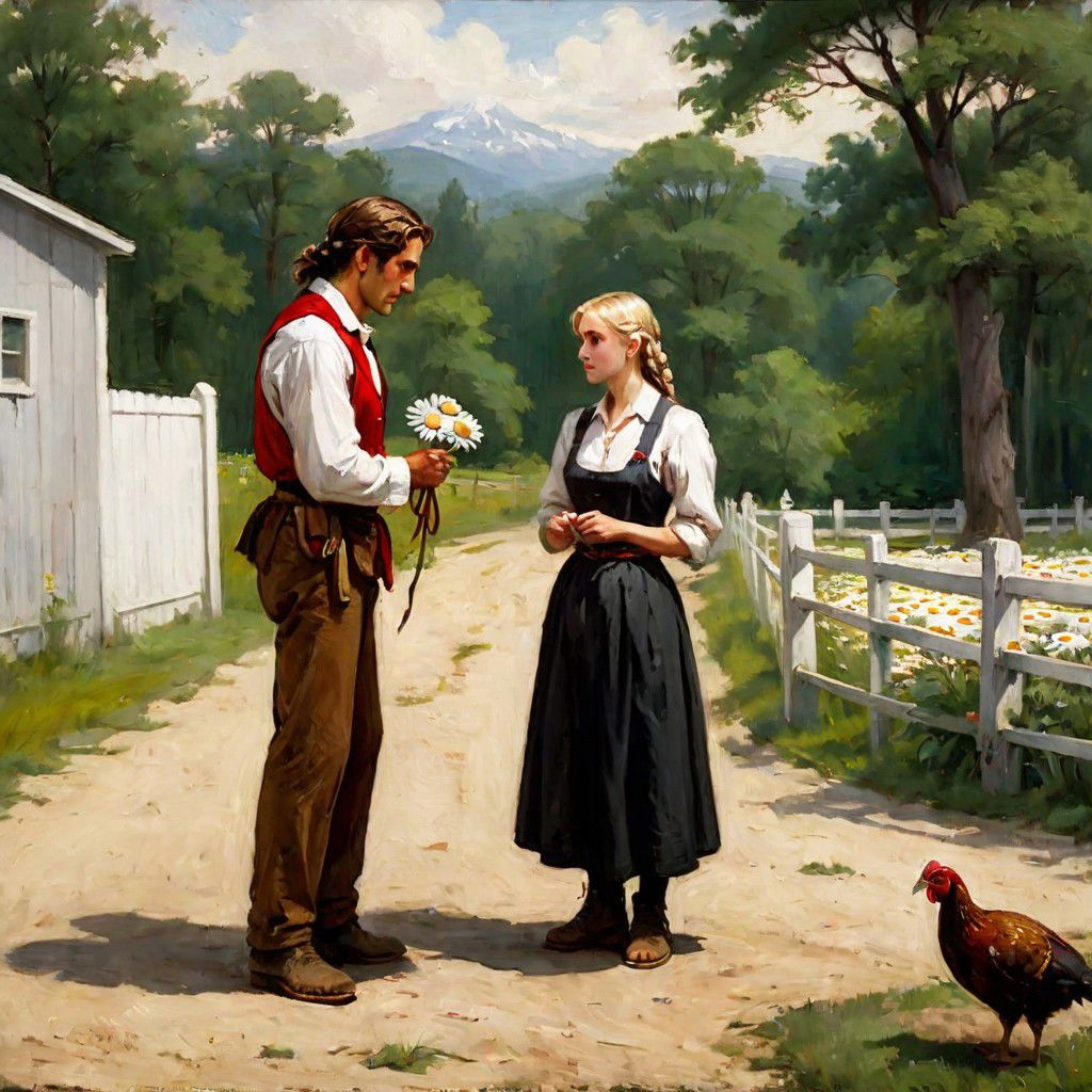 Oil painting, day, (((2persons))), outdoors, (summer), a young woman stands in the center, a young man stands next to her in the left part of the image. She is (barefoot), wearing a black ankle-length skirt with [[red flowers]], covered by a white apron, a red waistcoat and belt, and a white shirt with rolled up sleeves, her blonde hair is braided with a [red ribbon]. She looks at the small (daisy) in her hands. He is standing with a cane and looking at her, a (brown coat) is draped over his back, his hands are not in sleeves, a light straw hat is on his head, gray trousers are tucked into black boots. In the right part of the image behind are [two turkeys]. In the background is a wooden fence, behind which is a (green forest). ng_deepnegative_v1_75t