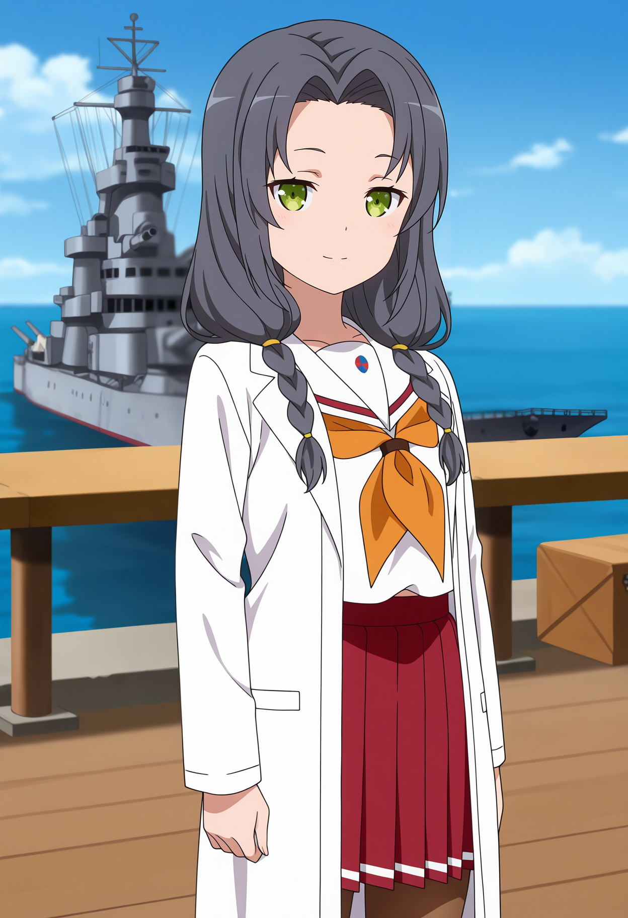 anime screencap, masterpiece, best quality,
<lora:HighSchoolFleet_KaburagiMinami_IlluXL:0.9>,
1girl, solo, closed mouth, light smile,
twin braids, hair over shoulder, parted bangs, grey hair, green eyes,
lab coat, white sailor collar, white shirt, orange neckerchief, long sleeves, pleated skirt, red skirt, brown pantyhose,
standing, looking at viewer, cowboy shot,
horizon, dock, outdoors, battleship, warship, blue sky, blurry background
