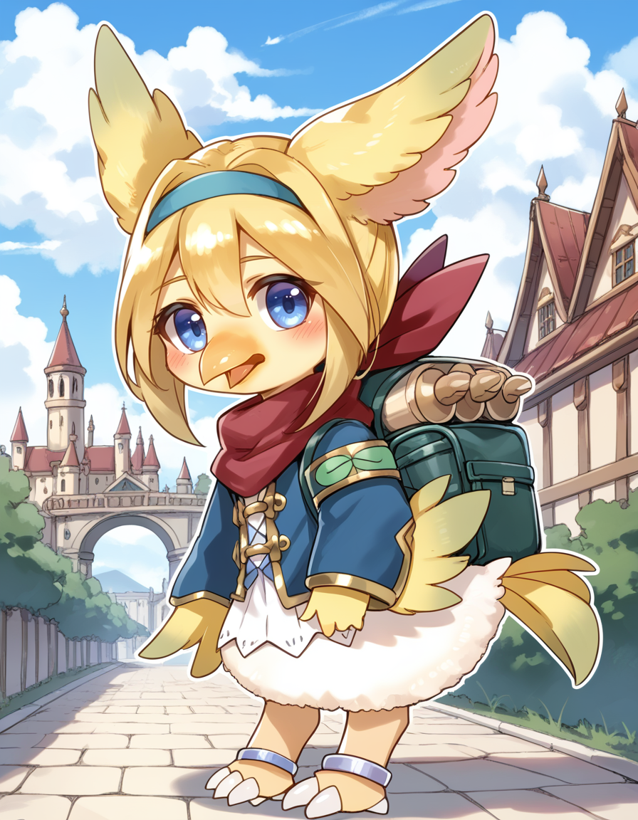(score_9:0.9),score_8_up,score_7_up,rating_safe,anime_style,(zPDXL3),(zPDXL),
<lora:Filo, Messenger Fur Hire ponyXL v1.1:0.85>,
filo messenger fur hire,outline,white outline,cloud,sky,solo,1girl,open mouth,blue sky,day,blush,green backpack,standing,from behind,outdoors,looking back,red scarf,full body,shiny,bird girl,barefoot,cyan hairband,blue jacket,bottomless,silver anklet,beak,scroll,feathered wings,city,castle