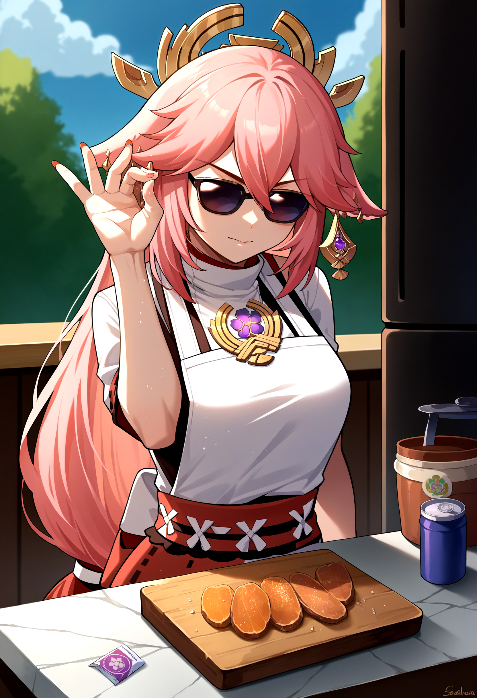 score_9, score_8_up, source_anime, saltbaememe, salt, sunglasses, <lora:SaltBaeMeme_XLPD_CAME:1>, 1girl, yae miko, kitchen,