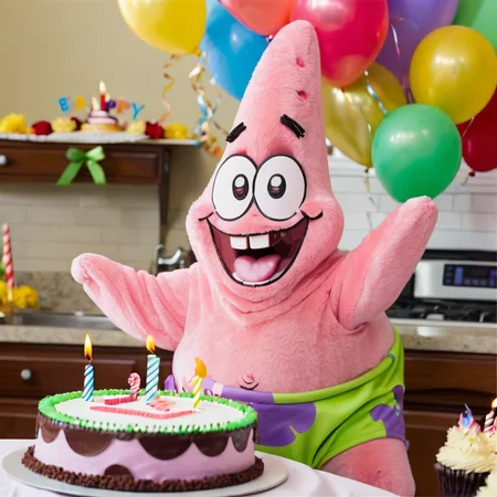 real photo of adorable ukj character, wacky face, baby-faced, smiling, single tooth, excited on his birthday <lora:PATRICK_sdxl_ukj_E5:1>
