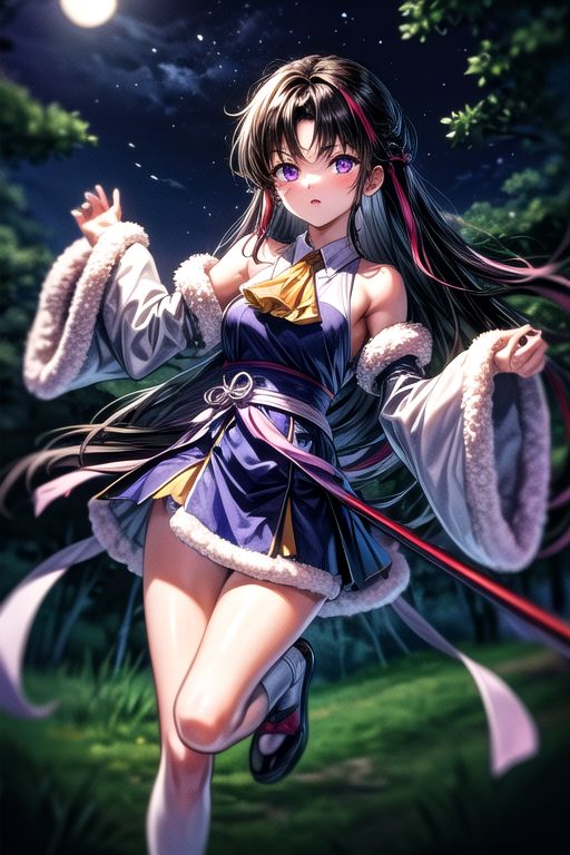 masterpiece,  best quality 1girl Setsun4 solo long hair,  (night time) forest background black hair very long hair purple eyes multicolored hair armor (fur trim) (medium body),<lora:EMS-179-EMS:0.800000>,<lora:EMS-293862-EMS:0.800000>ascot, bare shoulders, black footwear, detached sleeves, embellished costume, frills, japanese clothes, nontraditional miko, armor, miko