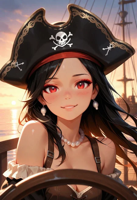 masterpiece, best quality, amazing quality, volumetric lighting, high contrast, realistic, vibrant colour, (no lineart:1.5), BREAK, 1girl, 25 years old, cute, petite,
three quarter view, detailed face, portrait, face focus, depth of field, looking at viewer, blush, shy smile,
red eyes, big eyes, looking at viewer,
black hair, long hair, floating hair, eyeshadow,
jewelry, pearl necklace, earrings,
pirate, black pirate hat,
brown corset, cleavage, bare shoulders,
ocean, ship deck, on ship, watercraft, ship, sunset, mast, steering wheel,
dark, parted lips