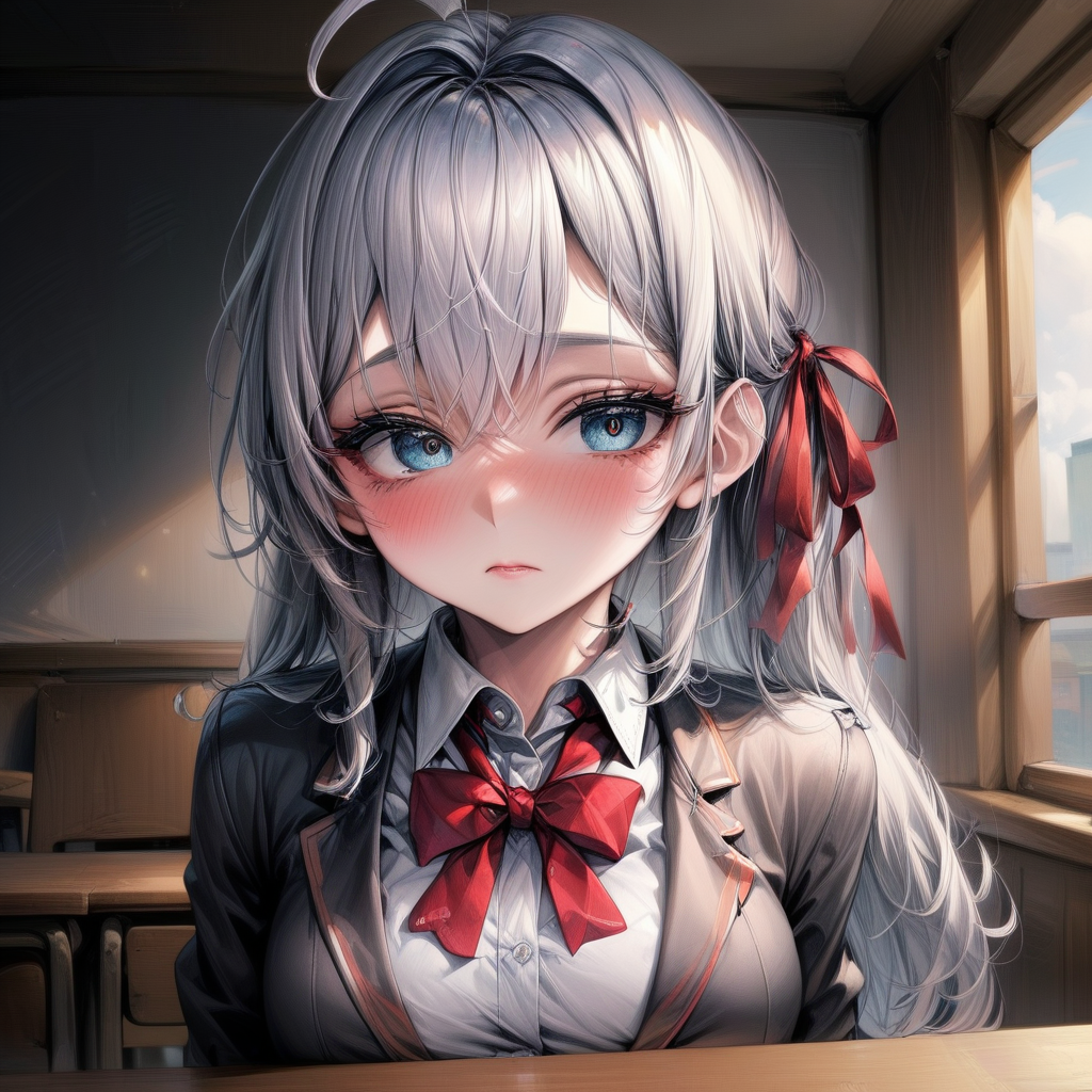 AlisaMikhailovna, 4k, absurd, high resolution, very high resolution, high definition, masterpiece, 1girl, solo, long hair, looking at viewer, blush, blue eyes, shirt, bow, ribbon, hair between eyes, closed mouth, school uniform, jacket, hair ribbon, white shirt, upper body, ahoge, grey hair, collared shirt, indoors, bowtie, red bow, red ribbon, v-shaped eyebrows, frown, blazer, red bowtie