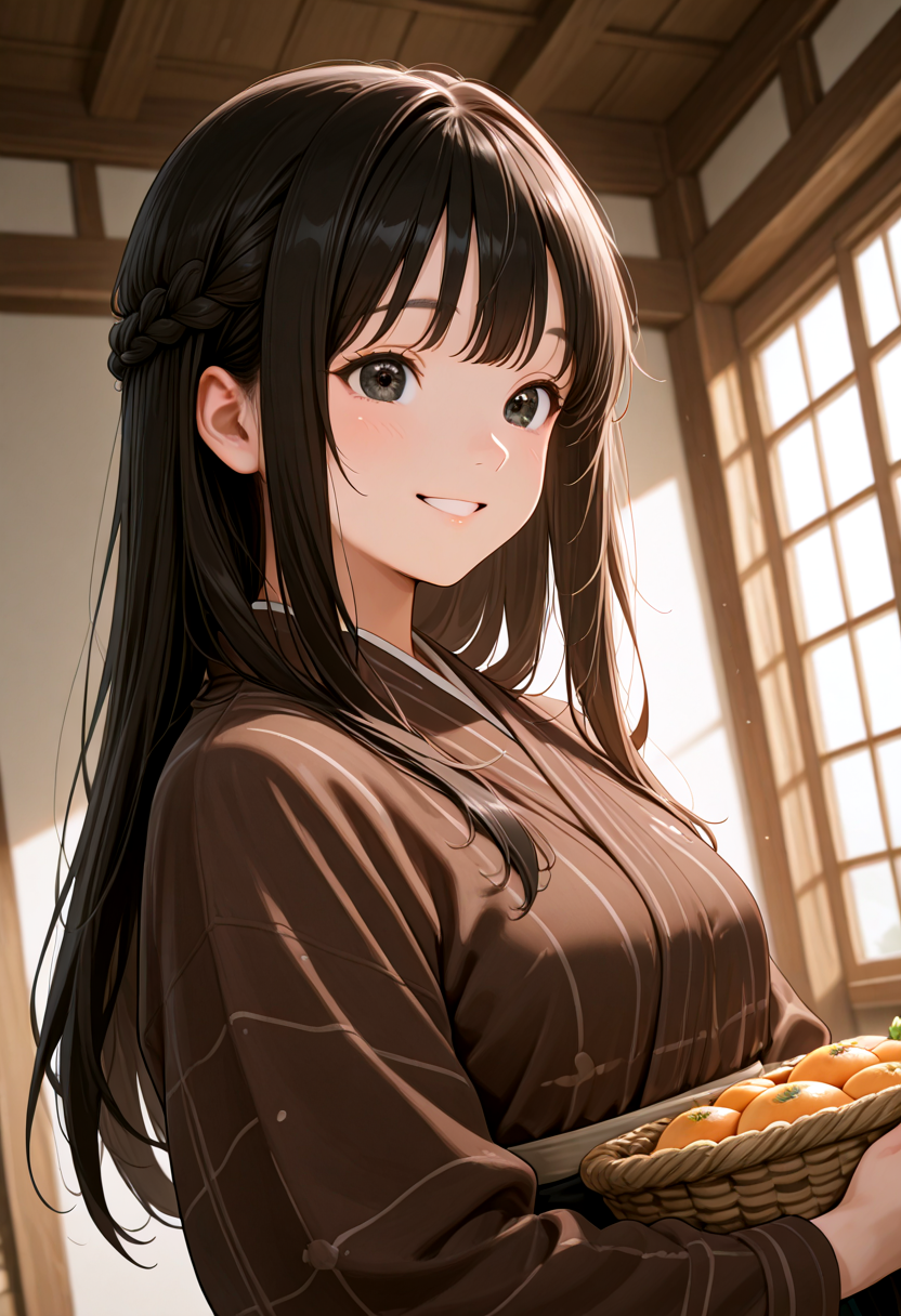 IllusP0s, masterpiece, best quality, amazing quality, very aesthetic, absurdres, newest, ((dynamic angle:1.4)), (detailed eyes),((ultra detailed hair:1.4))
BREAK
1girl, 1girl, ka0ru-1zud,black eyes, long hair, crown braid, ((shiny eyes))     
wafuku, kimono,brown kimono,
BREAK
Japanese farmer with big bamboo basket full of vegetables, smiling broadly, upper body
  <lora:Kaoru_-_Izu_Dancer_-_AI_Challenge:0.7>