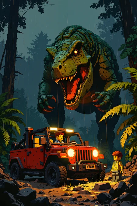 Jurassic Park, but All the Dinosaurs are Made of LEGO â In the rain-soaked jungle of Isla Nublar, a towering, blocky LEGO T-Rex looms over a toppled LEGO Jeep, its tiny plastic jaws wide open in a silent, mechanical roar. The red and yellow bricks of the vehicle are scattered across the muddy, stud-covered ground, while a LEGO minifigure version of Dr. Ian Malcolm lies nearby, his face frozen in a smug yet terrified smirk. Water dropletsâperfectly round, clear plastic piecesâcling to the leaves of oversized LEGO ferns, and a dark storm rages in the distance, built entirely from stacked, swirling gray bricks. The eerie glow of the Jeepâs flickering LEGO headlight casts long, exaggerated shadows across the scene, illuminating the T-Rexâs tiny, clawed hands and the iconic "Jurassic Park" logo, printed onto a single, slightly scratched LEGO tile. Thunder rumbles, but it sounds suspiciously like someone shaking a box of loose bricks. , detailed background Fantastic lighting. Detailed shadows.intricate details, vivid colors, hyper-detailed, ultra-sharp, , ,in the style of cksc,anime, cyberpunk, DB4RZ, DB4RZ style painting <lora:CPA:0.5><lora:FLUX-daubrez-DB4RZ:0.3><lora:Luminous_Shadowscape-000016:0.3><lora:ck-shadow-circuit-000021:0.35>