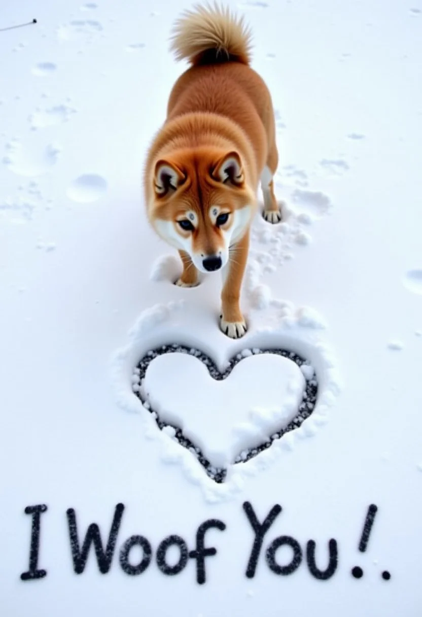 Shiba Inu drawing a heart mark with his footprints on the snow, aidmaTextImprover, At the bottom of the screen in a cute text, the text reads in large letters "I Woof You!!",