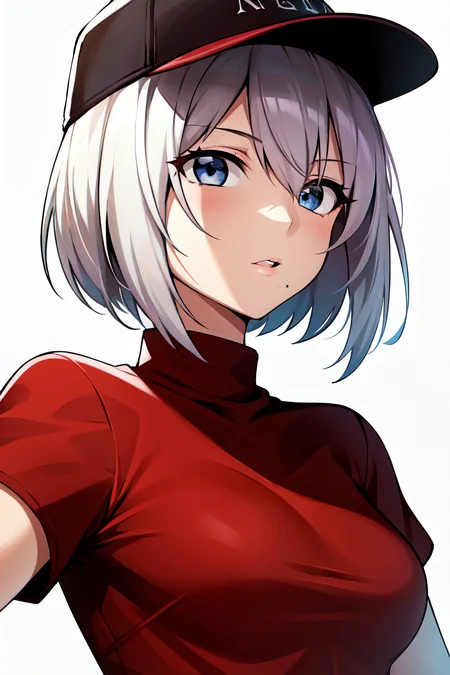 (yorha no. 2 type b), 1girl, blue eyes, white hair, no blindfold, baseball cap, simple background, red shirt, upper body, (masterpiece), short hair, mole under mouth, nier \(series\), nier automata, parted lips,
<lora:yorha_noDOT_2_type_b:0.5>