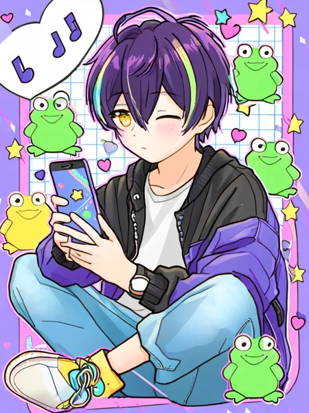 <lora:cartoon_stickers_xl_v1:0.8>,
a person sitting down with a cell phone in their hand and a cartoon character behind them with a phone in their hand, solo, looking_at_viewer, blonde_hair, shirt, long_sleeves, 1boy, holding, jacket, yellow_eyes, purple_hair, male_focus, heart, multicolored_hair, one_eye_closed, pants, off_shoulder, star_\(symbol\), hair_over_one_eye, streaked_hair, black_shirt, phone, cellphone, musical_note, smartphone, holding_phone, frog, purple_jacket, rainbow, blush, short_hair