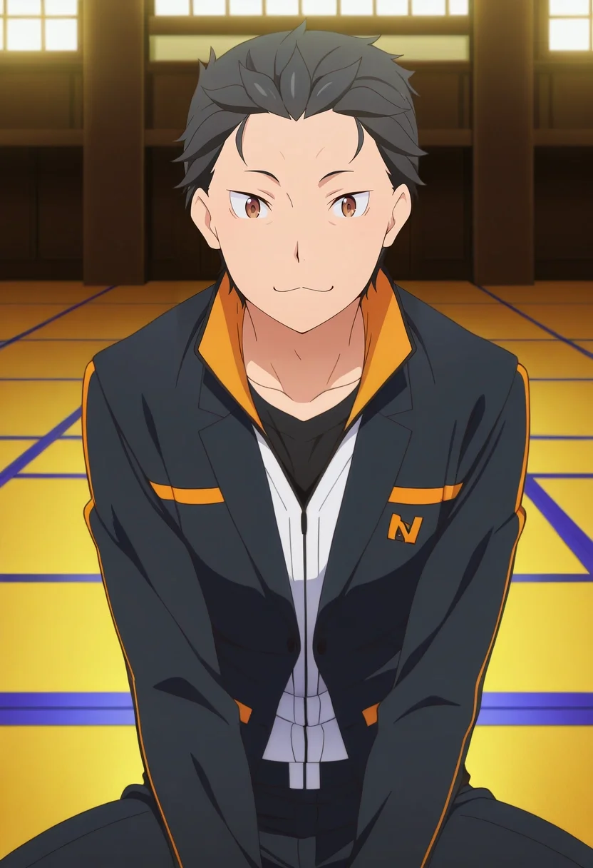 masterpiece, best quality, , anime screencap, anime coloring, official style, , 1boy, solo, male focus, <lora:subaru_natsuki_ilxl:0.96>, subaru_natsuki, black hair, brown eyes, short hair, natsuki subaru, hair slicked back, , asymmetrical, dojo, light, sitting, :\3, suit vest,