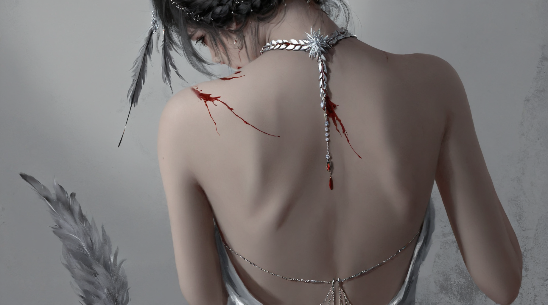 wlop,1girl, female figure, seen from behind, wearing a white dress with intricate designs. She has a braided hairstyle adorned with a feathered accessory. There are visible blood stains on her back. She's wearing a choker and has a silver jewelry piece on her neck. The dress appears to be a backless outfit, and she's wearing a dress with a deep V-neckline. The overall color palette of the image is muted, with shades of grey and white dominating, giving it a somewhat somber or melancholic ambiance.<lora:wlop_mobei-000001:1>,