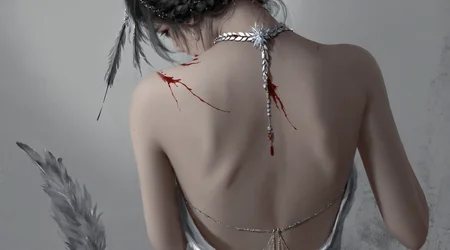 wlop,1girl, female figure, seen from behind, wearing a white dress with intricate designs. She has a braided hairstyle adorned with a feathered accessory. There are visible blood stains on her back. She's wearing a choker and has a silver jewelry piece on her neck. The dress appears to be a backless outfit, and she's wearing a dress with a deep V-neckline. The overall color palette of the image is muted, with shades of grey and white dominating, giving it a somewhat somber or melancholic ambiance.<lora:wlop_mobei-000001:1>,