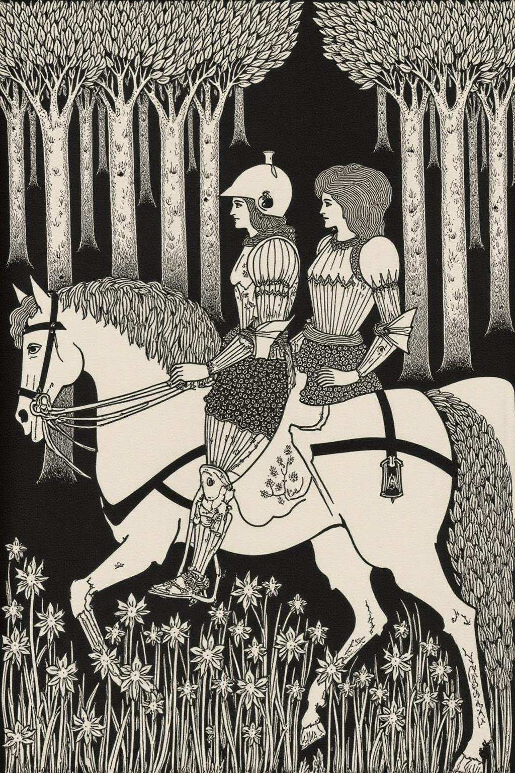 aubreybeardsley1 illustration.
Two knights are riding through a forest. The knight on the left is wearing a helmet and armor, while the knight on the right is dressed in a more elaborate outfit with a decorative tunic. Both knights are on horses with bridles and reins. The ground is covered with flowers. <lora:aubreybeardsley3_cap_d6a3e12:1.0><lora:844801977004256809:0>