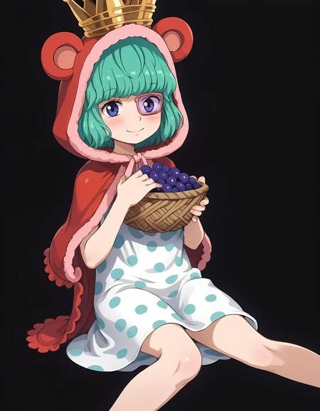 <lora:Sugar:1> sug4r, 1girl, solo, sitting down, facing viewer, smile, blush, basket of grapes, polka dot dress, red caplet, crown, animal ears, hood, simple black background