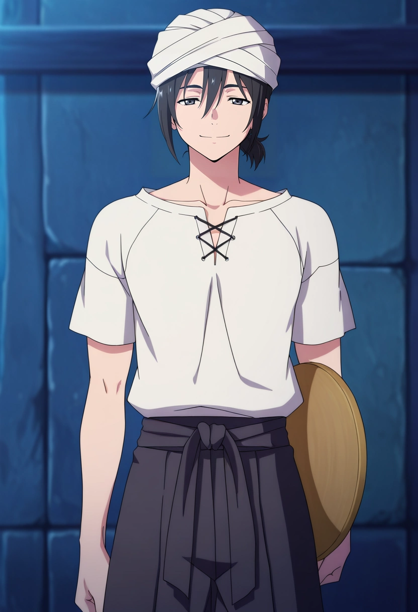 masterpiece, best quality, anime screencap, official style, anime coloring, cowboy shot, 1boy, solo, male focus, <lora:mio_chibana_ilxl:0.94>, mio_chibana, black hair, black eyes, short hair, hair between eyes, short ponytail, straight-on, fantasy land, midnight, holding object, half-closed eyes, smile, muscle shirt, turban