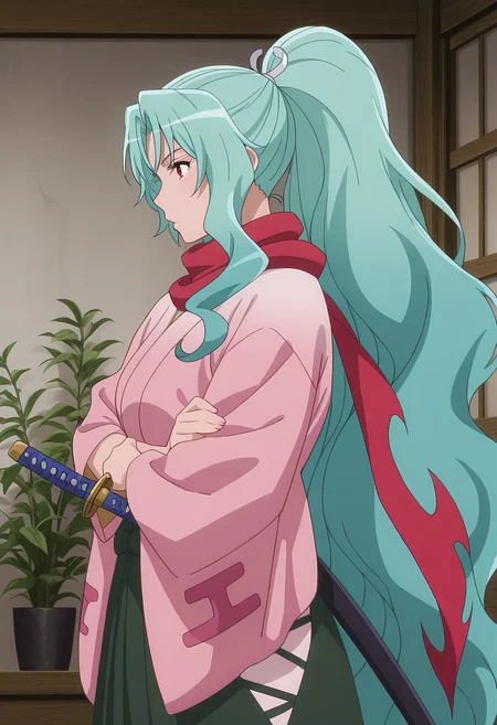 Smooth Quality,masterpiece, ultra realistic,
power plant,
from side,:>=,hand on own arm,
<lora:Tomoecnn:0.8> sofia/cnn, 1girl, long hair, scarf, ponytail, red eyes, japanese clothes, katana, green hair, very long hair,