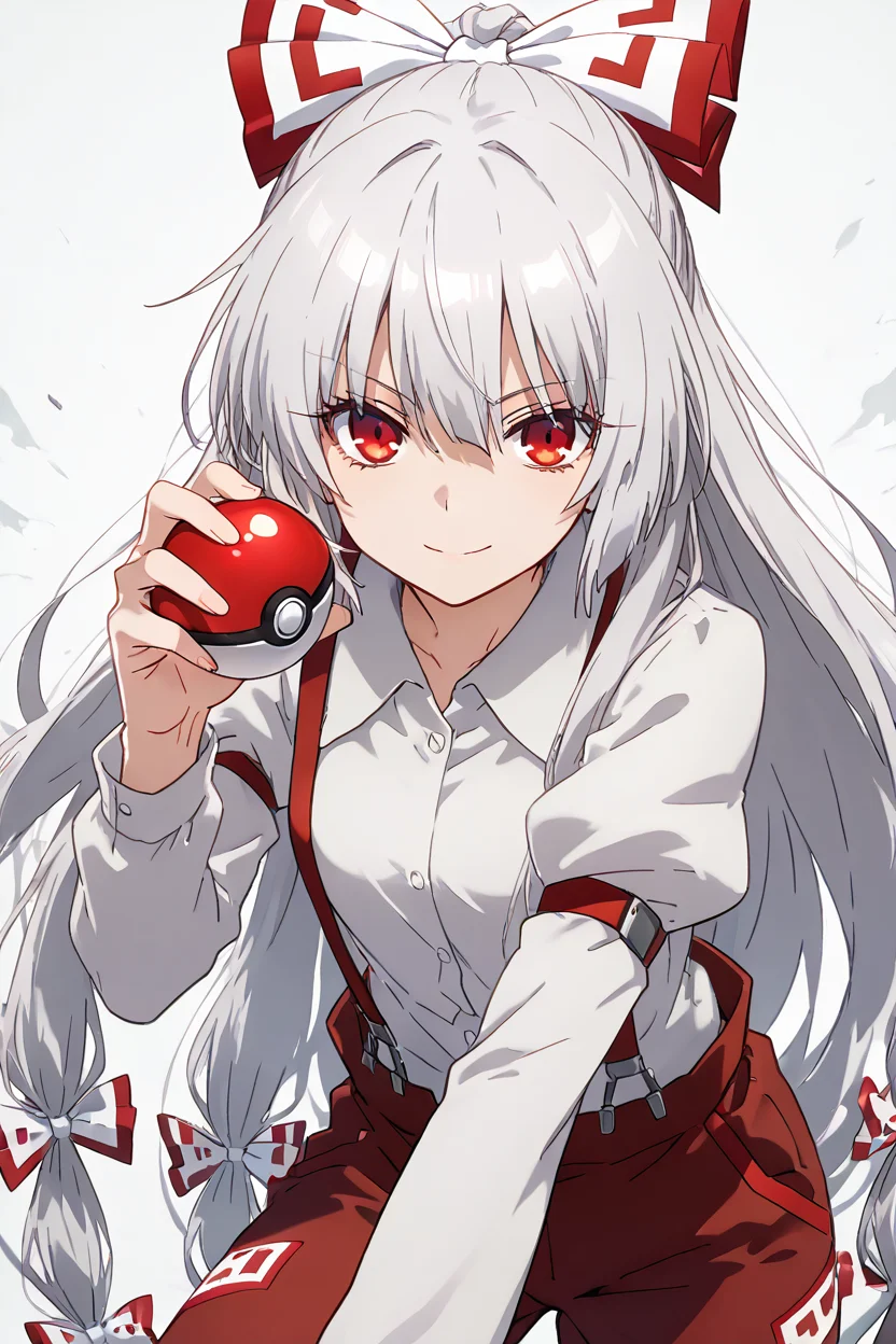 masterpiece, best quality, 1girl, solo, 21 year old model, eyelashes, (beautiful eyes), ,,, <lora:FujiwaraNoMokouTouhouIXL:1.0>, zzMokou, red eyes, hair between eyes, grey hair, hair bow, hair ribbon, long hair, very long hair, white hair bow, suspenders, white shirt, shirt, long sleeves, pants, white bow, red pants, collared shirt,(holding pokeball), dynamic pose, cowboy shot, leaning forward, smile, looking at viewer, shiny skin,<lora:PrismaIllyaIXL_v2:1.0>,
