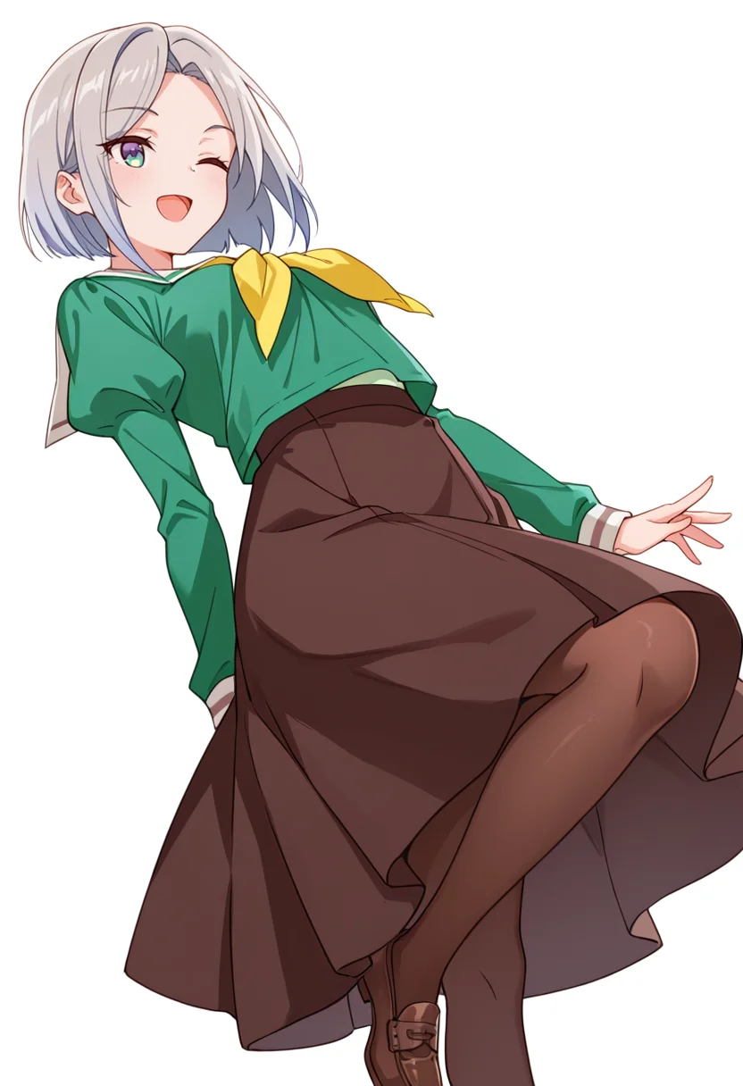 masterpiece,high quality details,absurdres, 
 <lora:Nishidera_Nene:0.8>
nene_cnr, 1girl, grey hair, short hair, 
nene_s2,green shirt, white sailor collar, serafuku,long skirt,black-brown skirt, juliet sleeves,pantyhose, loafers,, simple background, white background, from below,solo,, ;d,