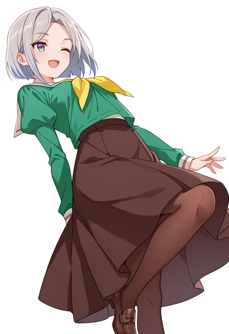 masterpiece,high quality details,absurdres,
<lora:Nishidera_Nene:0.8>
nene_cnr, 1girl, grey hair, short hair,
nene_s2,green shirt, white sailor collar, serafuku,long skirt,black-brown skirt, juliet sleeves,pantyhose, loafers,, simple background, white background, from below,solo,, ;d,
