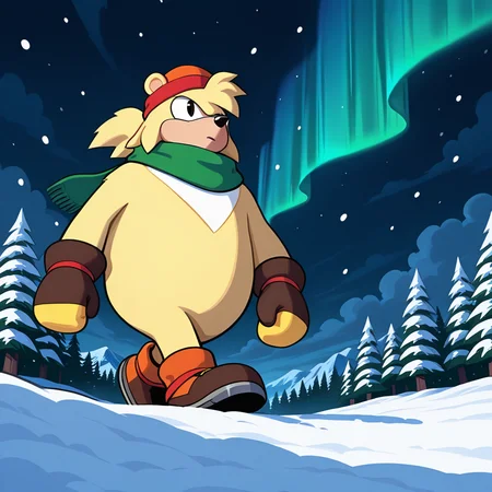 <lora:Bark_the_Polarbear_Sonic_the_Hedgehog_-_Illustrious:1> Bark the Polar bear, 1boy, green scarf, orange beanie, mittens, portrait, walking, looking away, forest, sunlight, snowing, cold, cloudy sky, desaturated, pine forest, aurora, dark sky, masterwork, masterpiece